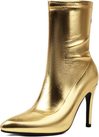 Generic Womens Elegant Ankle Boots with Shiny Metallic Finish Pointed Toe Stiletto Heel Elastic Sock Fit and Side Zipper for Party Nights,Gold,5.5 UK