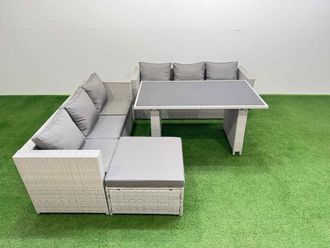 Fimous 7-seater Patio Rectangular Table Sofa Set with Big Stool Light Grey