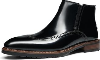 Generic Mens Wingtip Brogue Chelsea Dress Boots with Side Zipper, Genuine Leather Upper, Formal Business Ankle Boots for Men,Black,7.5 UK