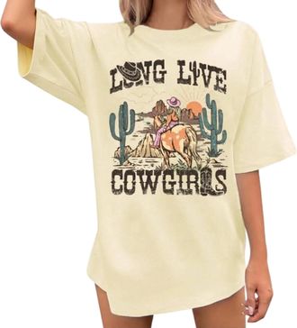 Generic Country Shirts for Women Western Cowgirl Tshirt Oversized Cow Skull Graphic Tees Tops 2025 Trendy Beige