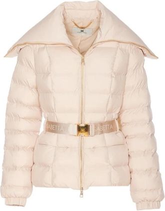 Elisabetta Franchi Perzik Donsjack met Brede Kraag - Dames - Winterjassen - Beige - L - Nylon - Jassen
