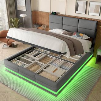 Direct Wicker Velvet Upholstered King Bed with Adjustable Headboard, LED Lighting in Grey
