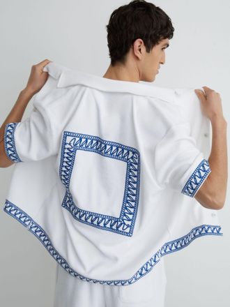 Reiss White Cotton-blend Towelling Embroidered Shirt, Xxl