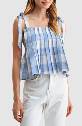 All in Favor Pleated Gingham Tie Strap Top in Blue Gingham at Nordstrom, Size X-Large