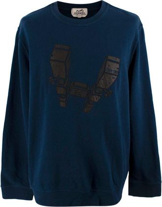 Herm&egrave;s Navy Sweatshirt with Black Leather Detail Size XXL