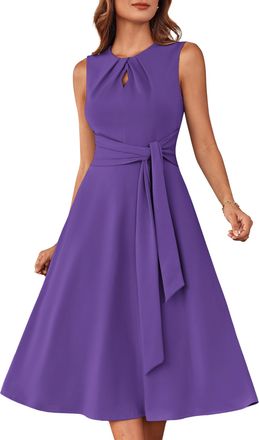 Grace Karin Women 2025 Summer Work Dress Sleeveless Tie Waist Elegant Party Cocktail A Line Flowy Midi Dresses with Pockets Purple XXL