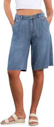 HINT OF BLU Chill Pleated Mid Rise Denim Bermuda Shorts in Atlas Blue at Nordstrom, Size X-Small