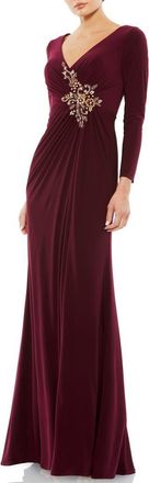Mac Duggal Faux Wrap Long Sleeve Appliqué Detail Gown in Berry at Nordstrom, Size 14