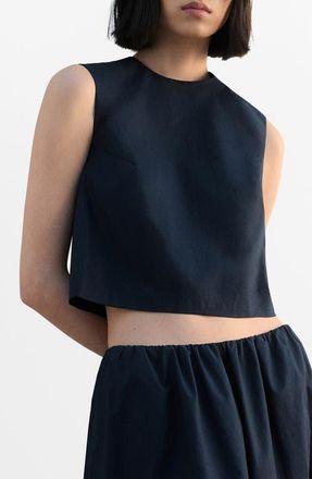 Mango Back Button Crop Top in Navy at Nordstrom, Size Large