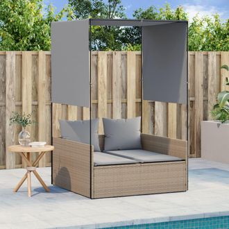 vidaXL Tumbona Doble Con Techo Y Cortinas Rat&aacute;n Sint&eacute;tico Beige Vidaxl