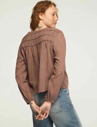 Lucky Brand Womens Long Sleeve Ruched Peasant Top