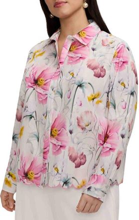 Foxcroft Floral Scallop Hem Cotton Button-Up Shirt in Pink/Multi at Nordstrom, Size 2X