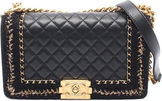 Chanel 2016-2017 grote CC lamsleer gevlochten Tweed Jacket Boy schoudertas - Zwart