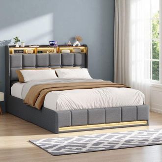 OEM Cama Litera 140x200 Cm Con Somier De Lamas Y Led, Estructura De Cama 140x200 Cm, 2 Personas, Cofre De Almacenamiento, Tela De Lino, Gris