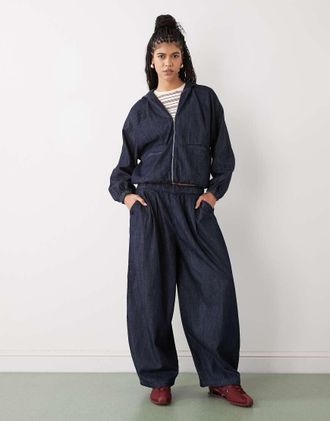 Collusion Pantaloni a palloncino in denim chambray XL rinse wash in coordinato-Blu navy