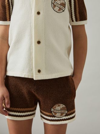 Reiss Brown & taupe Brown & white 9-13 yrs Chenille Airlines Embroidery Shorts, 112