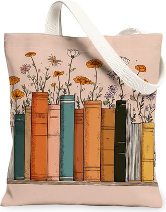 Generic Floral Books Canvas Tote Bags, Vintage Flower Pattern Reusable Grocery Bags, Spring Lightweight Washable Shoulder Strap Can, Peach, 13x15 Inch