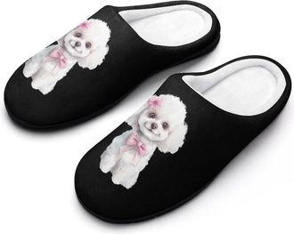 Generic Cute Poodle with Bow Cotton Slippers for Women Memory Foam Comfy House Shoes with Anti-Skid Rubber Sole