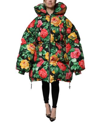Dolce & Gabbana Womens Multicolor Floral Puffer Hooded Jacket Polyester Clothing