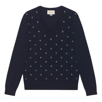 Gucci Jacquard-Motif V-Neck Jumper Navy 545628XKABL