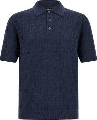 Fendi Tops, Heren, Blauw, L, Katoen, FF Jacquard Polo Shirt