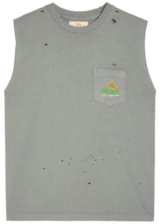 Cherry Los Angeles Thirst Quencher Printed Distressed Running Vest - Black Grey - XL