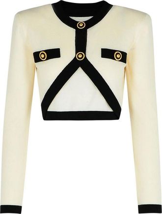Balmain Crop Cream Wool Blend Cardigan