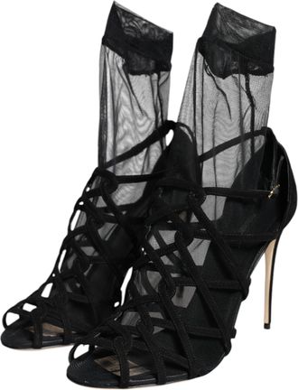 Dolce & Gabbana Womens Black Tulle Stretch Heels Sandals Shoes Leather
