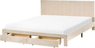 Beliani Cama Moderna Con Cajones Cabecero Tapizado En Terciopelo Y Somier De L&aacute;minas Beige 180 X 200 Cm Lonzac