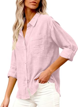 Generic Ladies Summer Tops Casual Linen Shirts Button Up Long Sleeve Tunic Blouses Shirts Elegant Smart Office Wear 2026 Trendy Fashion Cheesecloth Cotton Top