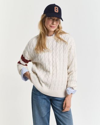 GANT Women Contrast Striped Cable Knit Crew Neck Sweater (XXS) CREAM