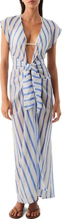 Vix Sasha Tie Front Cotton Cover-Up Dress in Blue/White Multi at Nordstrom, Size X-Small