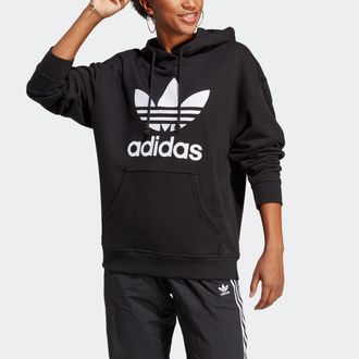 adidas Kapuzensweatshirt ADIDAS ORIGINALS TREFOIL HOODIE, Damen, Gr. XS, schwarz, Obermaterial: 100% Baumwolle, angesetztes B&uuml;ndchen, Sweatshirts Kapuzenswea