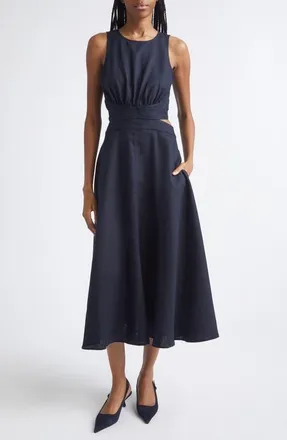 Reiss Hazel Cutout Detail Linen & Cotton Dress in Navy at Nordstrom, Size 10