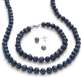 Palm Beach Jewelry Genuine Black Cultured Pearl Silvertone Earring, Necklace and Bracelet Set 18