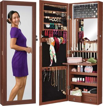 Best Choice Products Hanging Mirror Jewelry Armoire, Door or Wall Mounted Cabinet w/ LED Lights, Lock