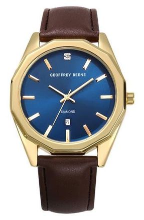 Geoffrey Beene Diamond Leather Strap Watch, 41mm in Gold at Nordstrom Rack