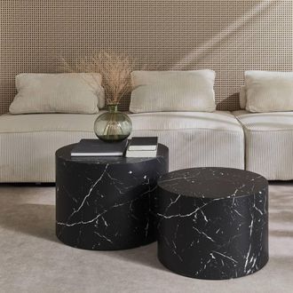 Sweeek Pair Of Round Marble-effect Nesting Coffee Tables in Black
