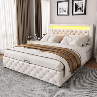 C&A 135x190cm Upholstered Bed with Slatted Frame,Storage Space,and Colorful LED Lighting in White PU