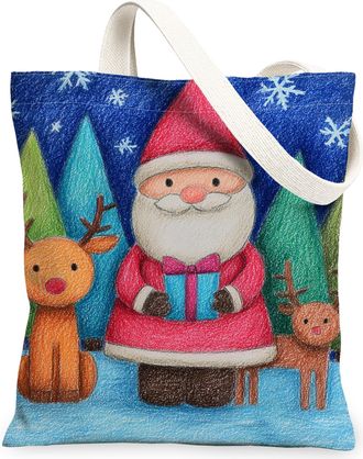 Generic Christmas Santa Canvas Tote Bags, Holiday Reusable Grocery Bags, Winter Cute Cartoon Lightweight Washable Shoulder Strap Ca, Blue, 13x15 Inch