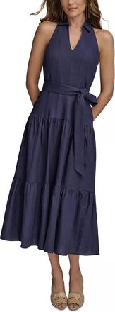DKNY Linen Blend Halter A Line Dress In Ink
