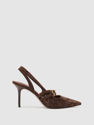 Reiss Chocolate Suede Buckle-strap Court Shoes, X09