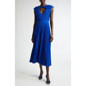 St. John Pleated Sleeveless Crepe Dress in Sapphire at Nordstrom, Size Large