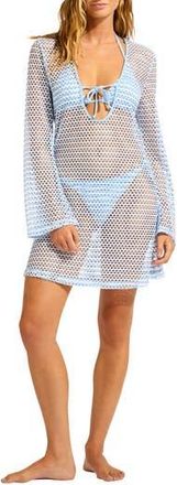 Seafolly Mesh Effect Long Sleeve Cover-Up Dress in Powder Blue/White at Nordstrom Rack, Size Large
