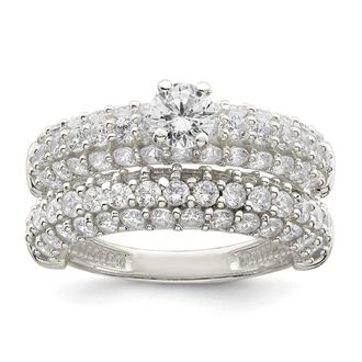 Diamond2Deal Sterling Silver Polished Pave Cubic Zirconia Wedding Ring Set