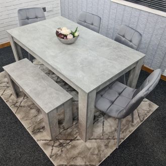 Kosy Koala Wooden Grey Dining Table Set with 4 Grey Velvet Chairs & 1 Bench Dining Room Furniture in Brown