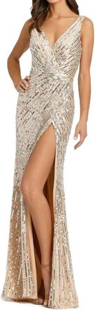 Mac Duggal Sequined V-Neck Gown In Silver Nude