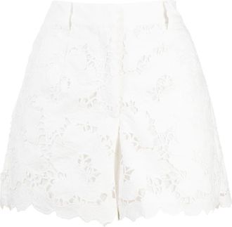 Self Portrait embroidered high-waisted shorts - women - Cotton/Cotton/Polyester - 8 - White