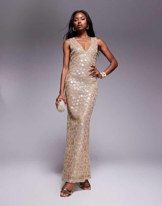 Asos Vestito lungo color oro testurizzato decorato con paillettes miste e scollo profondo
