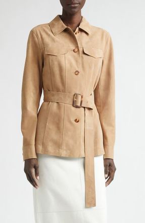 Lafayette 148 New York Belted Nubuck Leather Jacket in Oat at Nordstrom, Size Medium